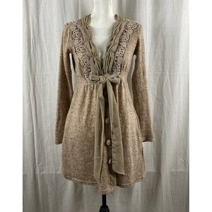 Altar'd State Bohemian Victorian Lace Trim Front Tie Tan Cardigan -Size Small